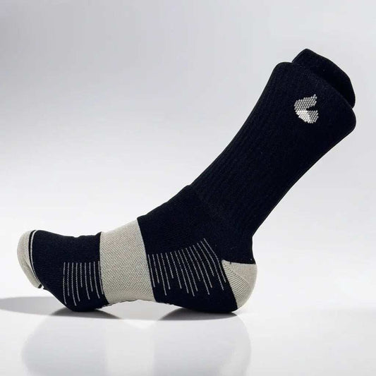 Black and grey crew tennis socks offering performance and comfort for summer.