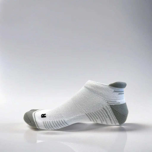 White and grey low cut running sock with arch support and ventilation